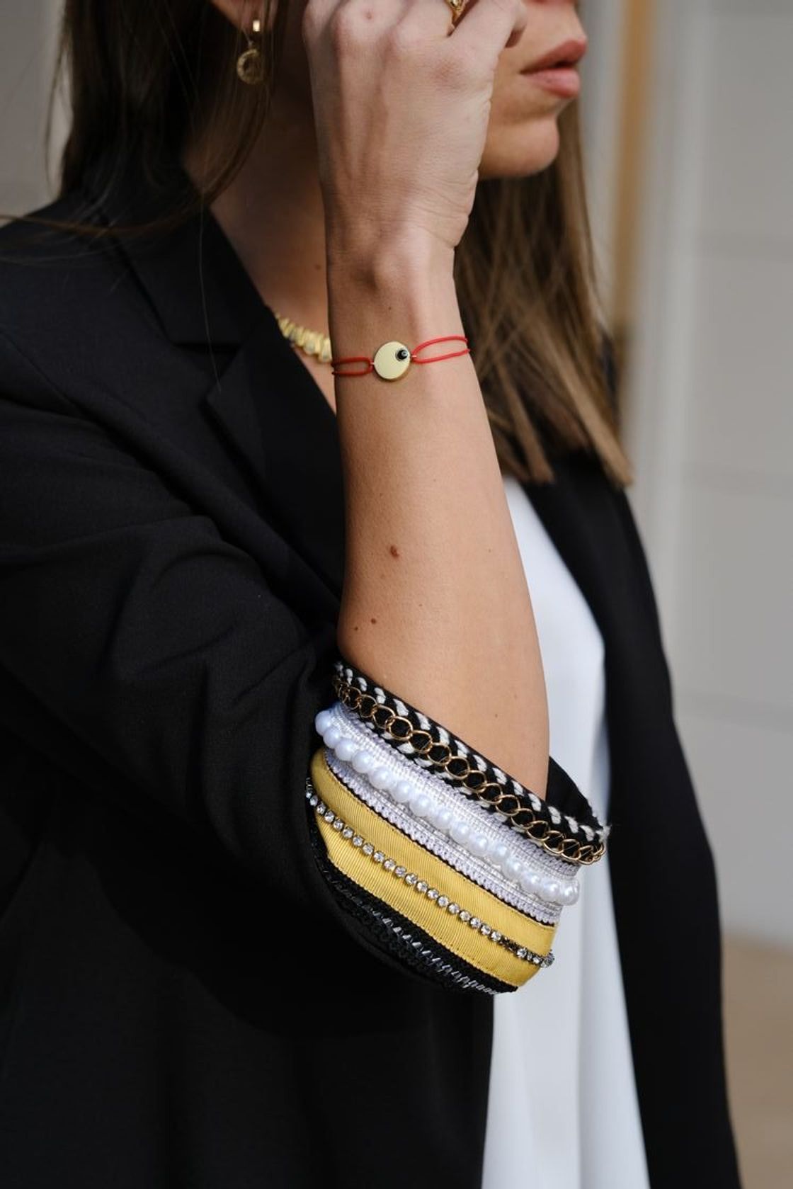 Evil Eye Bead Gold Cord Bracelet with Sapphire Stones